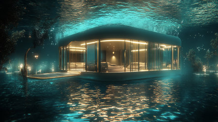 3D render of a futuristic house in the deep blue sea.