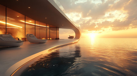 Swimming pool in modern office building at sunset. 3d rendering