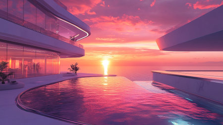 Swimming pool in luxury villa. Sunset. 3d render