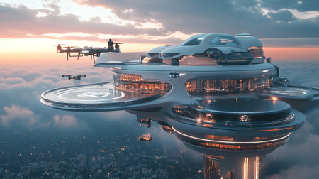 3D CG rendering of Flying saucers and quadcopter