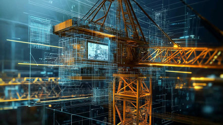 3D rendering of a construction site with cranes and building drawings