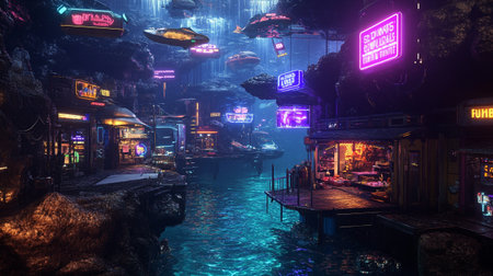 Futuristic underwater world with neon signs. 3D rendering.