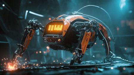 Robot arm in action on dark background. 3d rendering.