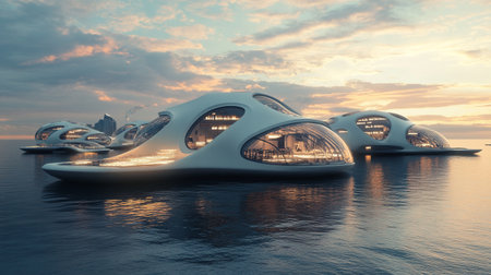 3D render of futuristic buildings in the sea at sunset time.