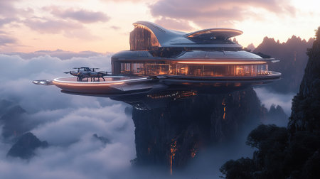 Futuristic spaceship flying over the clouds at sunset. 3d renderingの写真素材