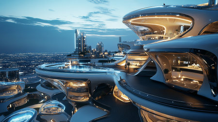 Luxury yachts on the background of the night cityの写真素材