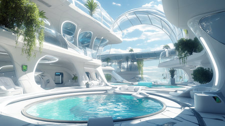 Swimming pool in luxury hotel, 3d render illustration design.