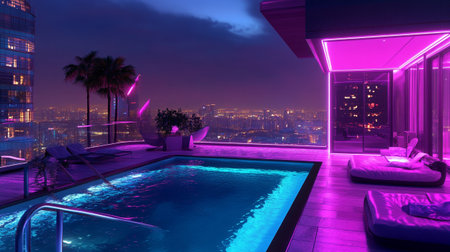 Swimming pool with view of the city at night. 3d rendering