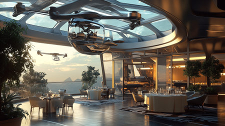 Drone flying over the restaurant. 3D rendering. Mock up.