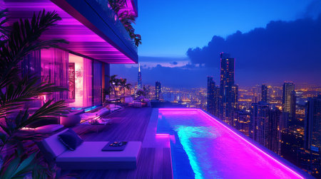 3D render of a night cityscape with a swimming pool.の写真素材