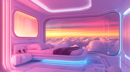 3D CG rendering of clouds and sky in futuristic room with window