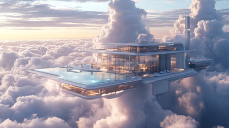 3D CG rendering of Modern building in the clouds. High resolutionの写真素材