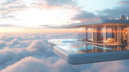 3d render of a modern house on the top of the clouds