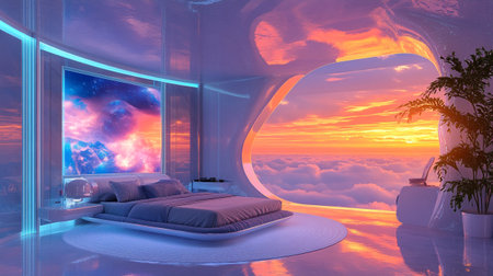 3d rendering of a modern bedroom with a window overlooking the clouds
