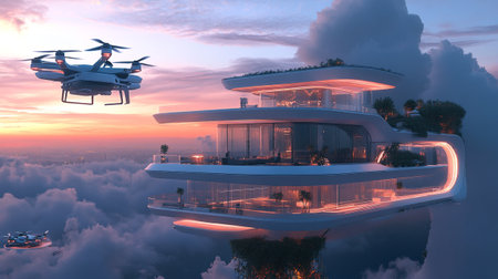 drone flying in the sky above the clouds, 3d renderの写真素材