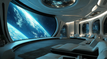 Spaceship interior with view on space and planets 3D rendering