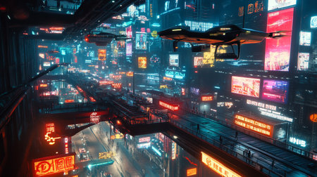 3d rendering of a modern city at night with neon lights.のeditorial素材
