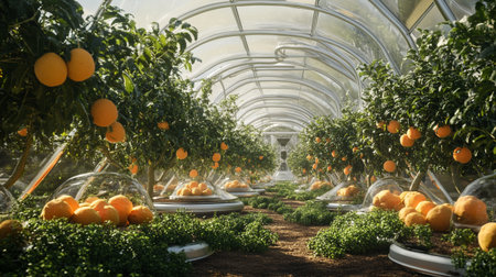 Oranges growing in a greenhouse. Concept of growing citrus trees.