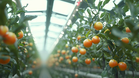 Ripe tomatoes growing in a greenhouse.