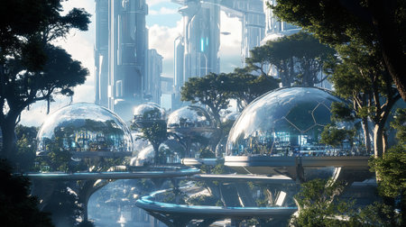 Reflection of the city in a glass ball. 3d rendering