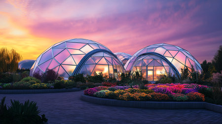 3D render of a greenhouse with colorful flowers at sunset in the garden