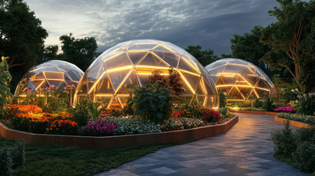 garden with glass dome and flower bed at night. 3d rendering