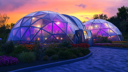 Greenhouse in the garden with colorful sky at sunset. 3d rendering