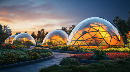 Sunset in the garden with crystal dome and flowerbeds.