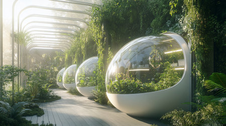 3d render of modern architecture in the garden with glass sphere.