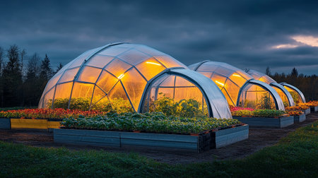 Greenhouse with flowerbeds in the garden at sunset, Poland