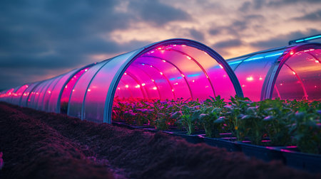 Greenhouse with rows of plants illuminated by red lights at sunset.の写真素材