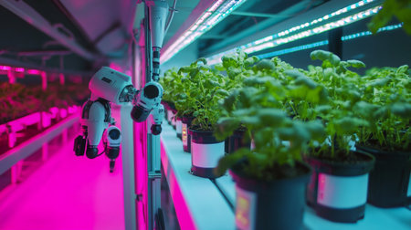 Artificial intelligence robot working in a greenhouse. Smart farming concept.