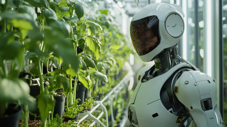 Robot in a greenhouse with seedlings. Selective focus.の写真素材
