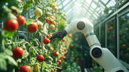 Industrial robot working in greenhouse. Smart agriculture concept. 3D Rendering