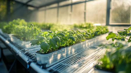 Organic vegetable seedlings growing in a greenhouse. Selective focus.の写真素材