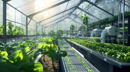 Greenhouse with rows of fresh organic lettuce plants in a greenhouse.の写真素材