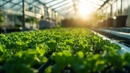 Organic hydroponic vegetable cultivation in greenhouse farm with sunlight.の写真素材
