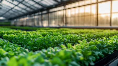 Organic hydroponic vegetable cultivation in greenhouse farm, selective focusの写真素材