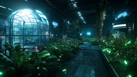 Futuristic interior with neon lights and plants