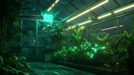 3D rendering of a greenhouse with neon lights and plants in the foregroundの写真素材