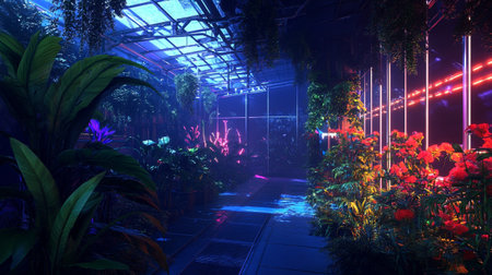 Futuristic greenhouse interior with neon lights and plants in the nightの写真素材