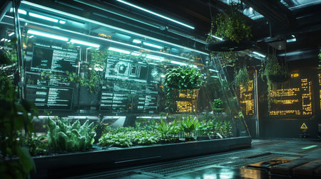 Interior of a modern cafe with green plants and neon lights.の写真素材