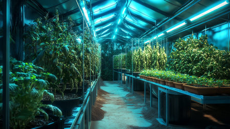 Interior of a greenhouse with plants in pots. 3d renderingの写真素材