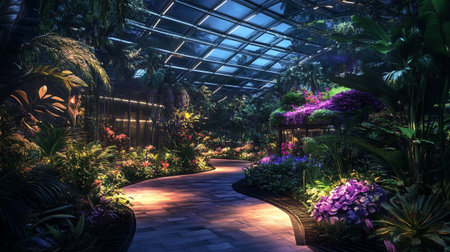 3D render of a beautiful garden in a greenhouse with plants and flowers