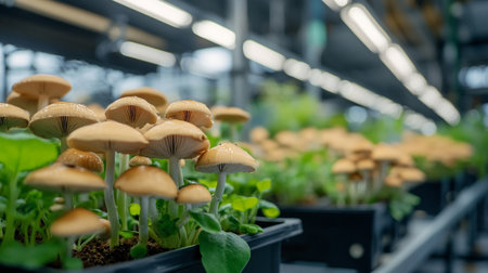 Group of mushrooms growing in a greenhouse. Selective focus with shallow depth of field.