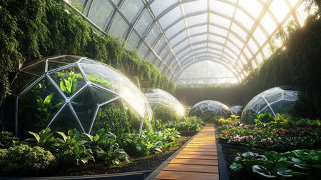 Greenhouse in the botanic garden with walkway and green plantsの写真素材