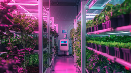 3d rendering robot working in a greenhouse with green plants in pots