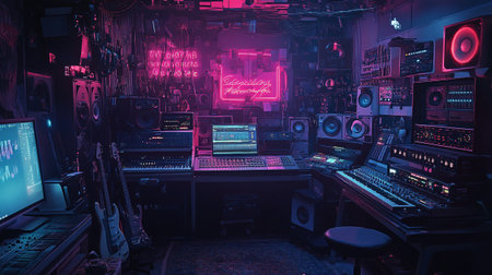 Sound recording studio with equipment and lights, 3d rendering toned image