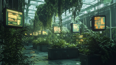 Greenhouse interior with a lot of plants. 3d rendering.
