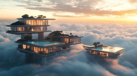 3d render of modern house on the top of the clouds.の写真素材